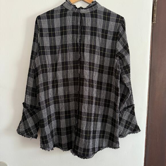 HABITAT | Black and White Plaid Gauze Button down Chunky Sleeve Top Extra Small - Picture 2 of 8